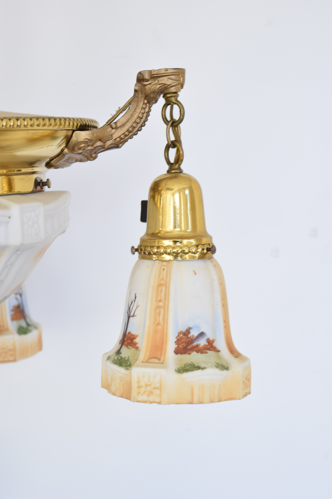 Antique Brass Chandelier With Painted Glass Shades