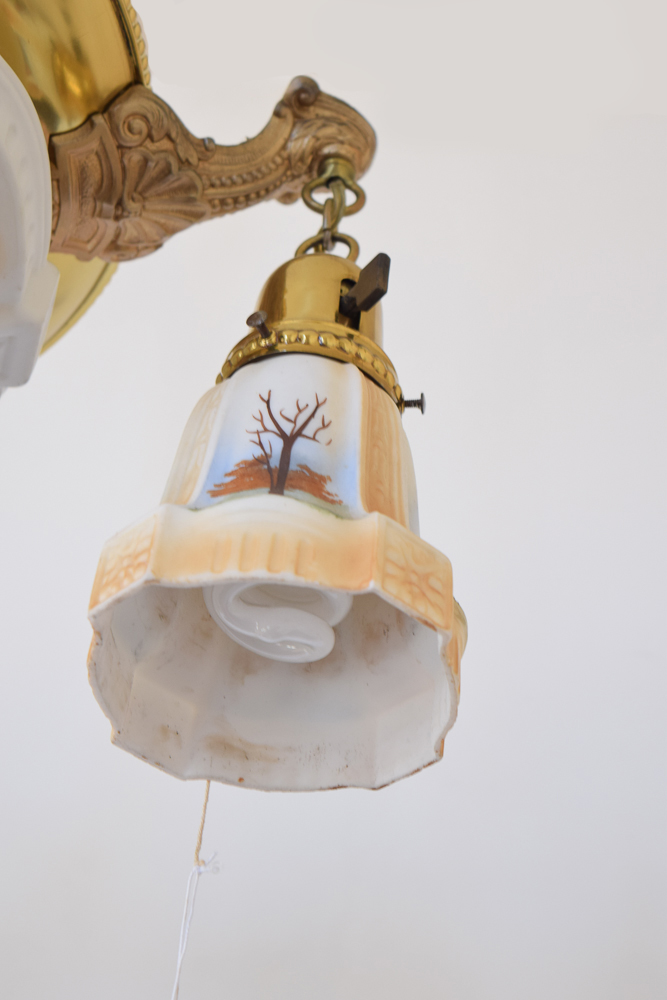 Antique Brass Chandelier With Painted Glass Shades