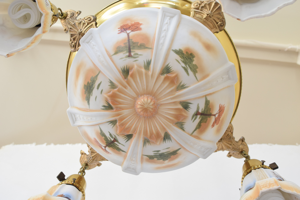 Antique Brass Chandelier With Painted Glass Shades