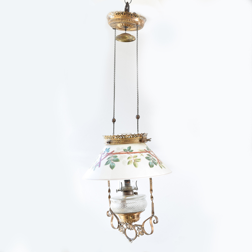 Antique Oil Pendant Light with Painted Glass Shade