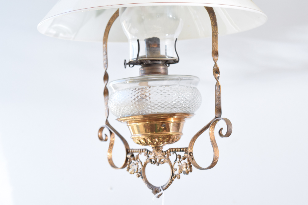 Antique Oil Pendant Light with Painted Glass Shade