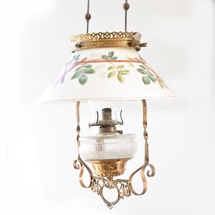 Antique Oil Pendant Light with Painted Glass Shade