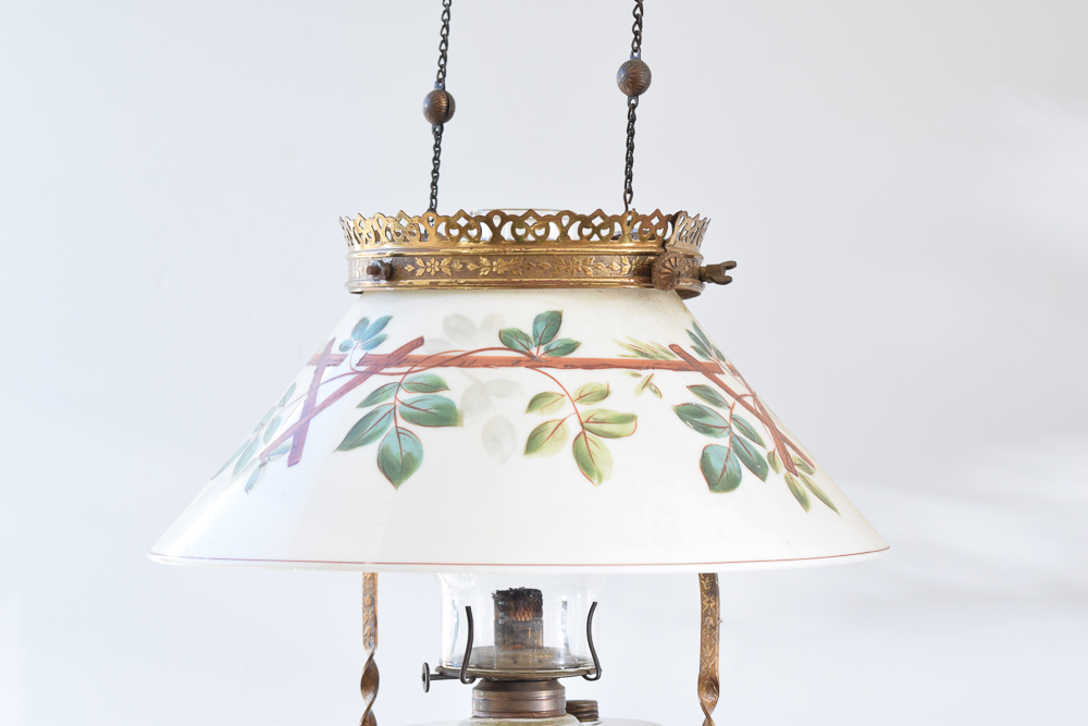 Antique Oil Pendant Light with Painted Glass Shade