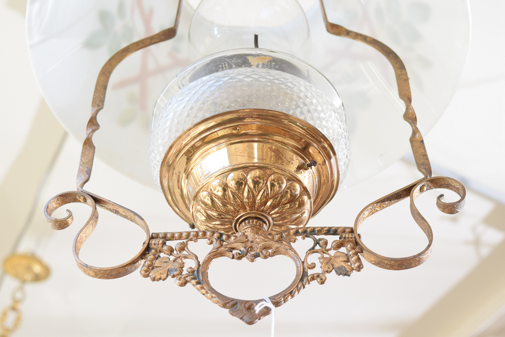 Antique Oil Pendant Light with Painted Glass Shade