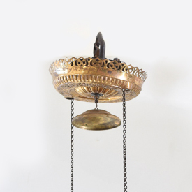 Antique Oil Pendant Light with Painted Glass Shade