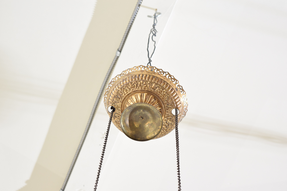 Antique Oil Pendant Light with Painted Glass Shade