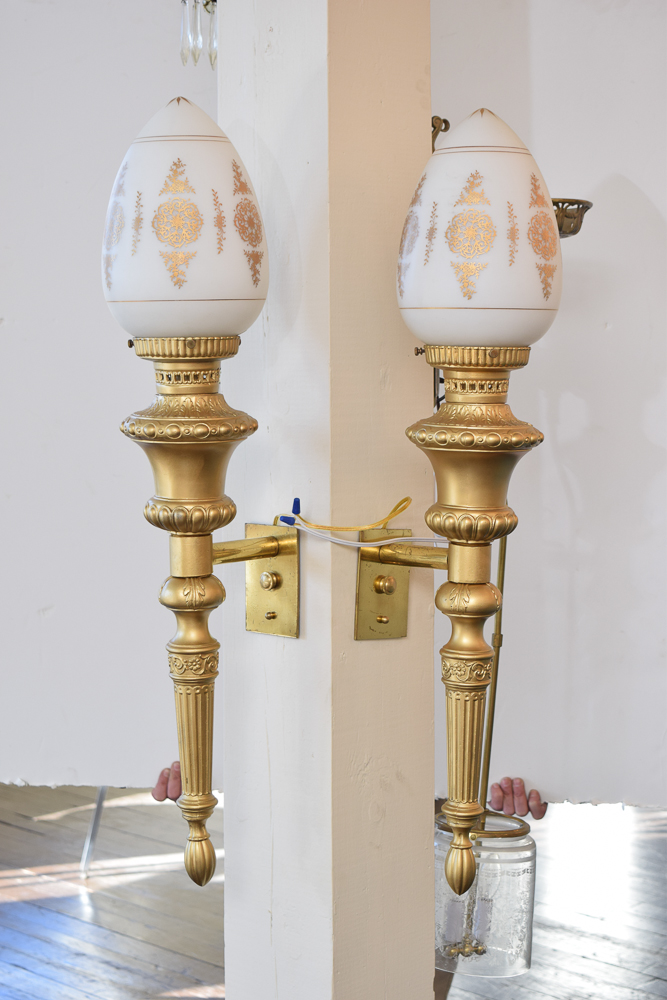 Gilt and White Glass Wall Sconces