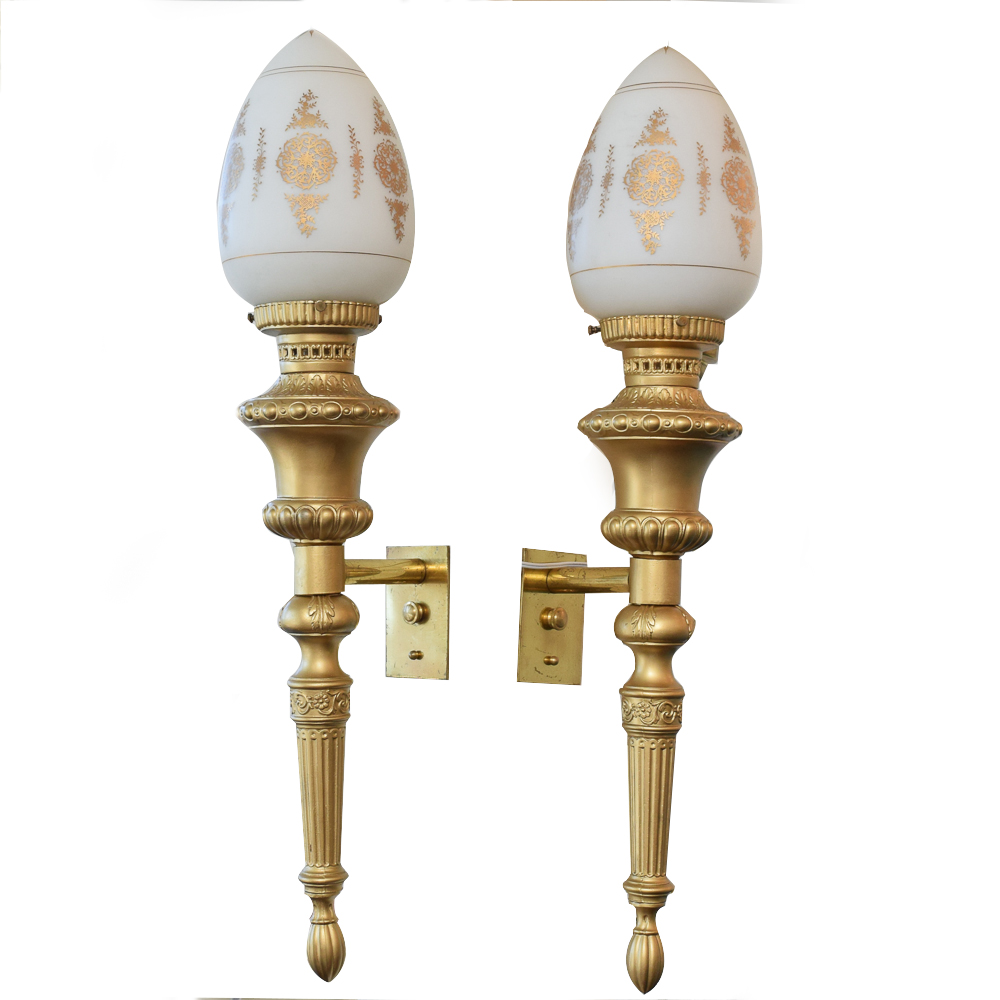 Gilt and White Glass Wall Sconces