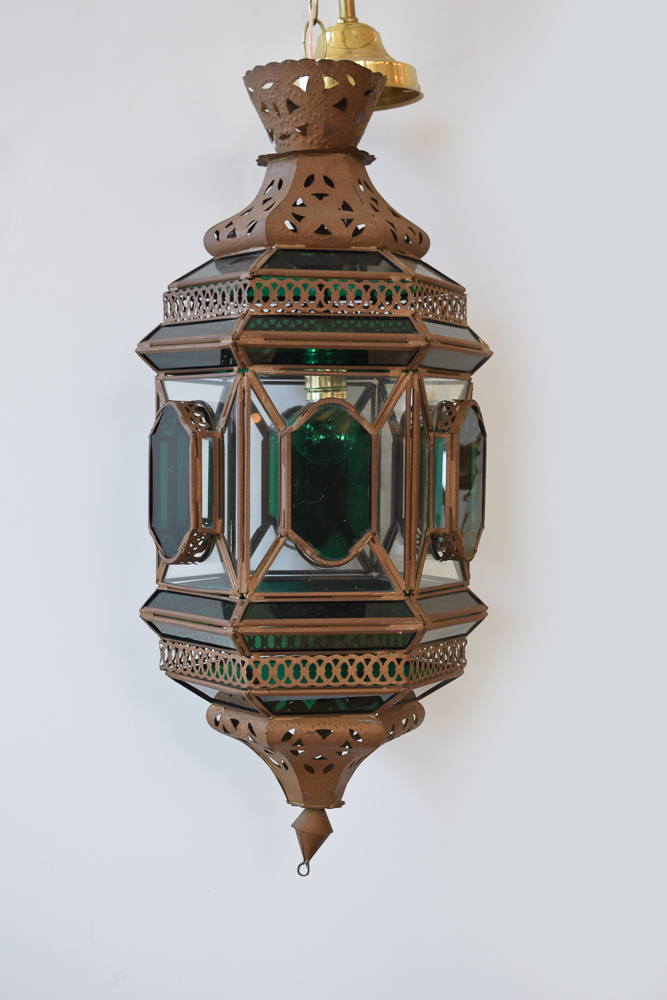 Vintage Moroccan Style Metal and Glass Pendant Light