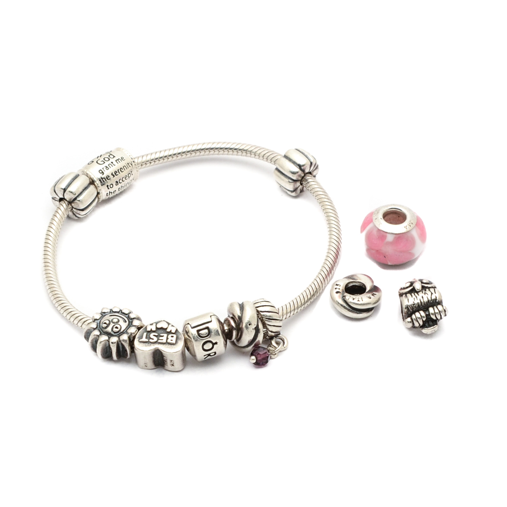 Sterling Silver Pandora Charm Bracelet with Selection of Charms