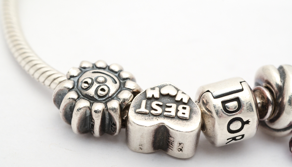 Sterling Silver Pandora Charm Bracelet with Selection of Charms