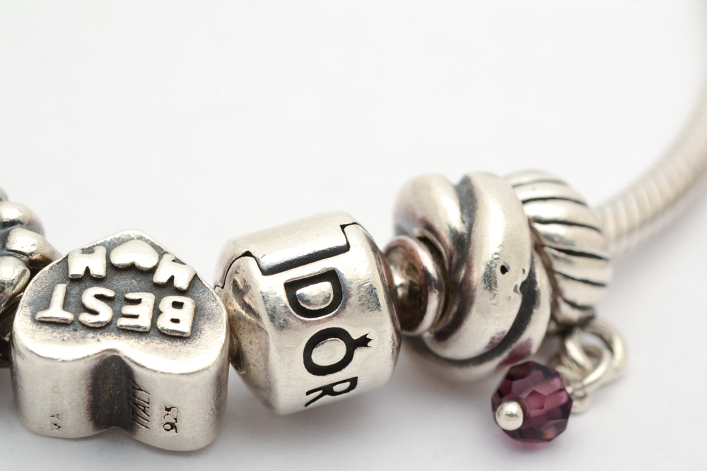 Sterling Silver Pandora Charm Bracelet with Selection of Charms