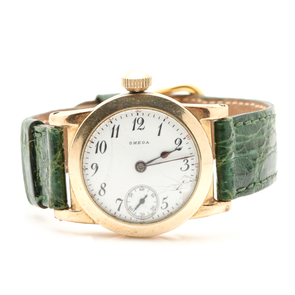 Omega 10K Rolled Gold Plate and Crocodile Leather Watch