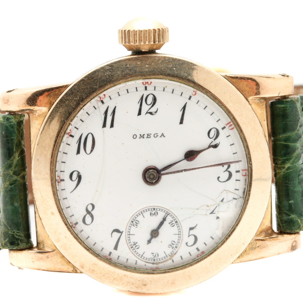 Omega 10K Rolled Gold Plate and Crocodile Leather Watch