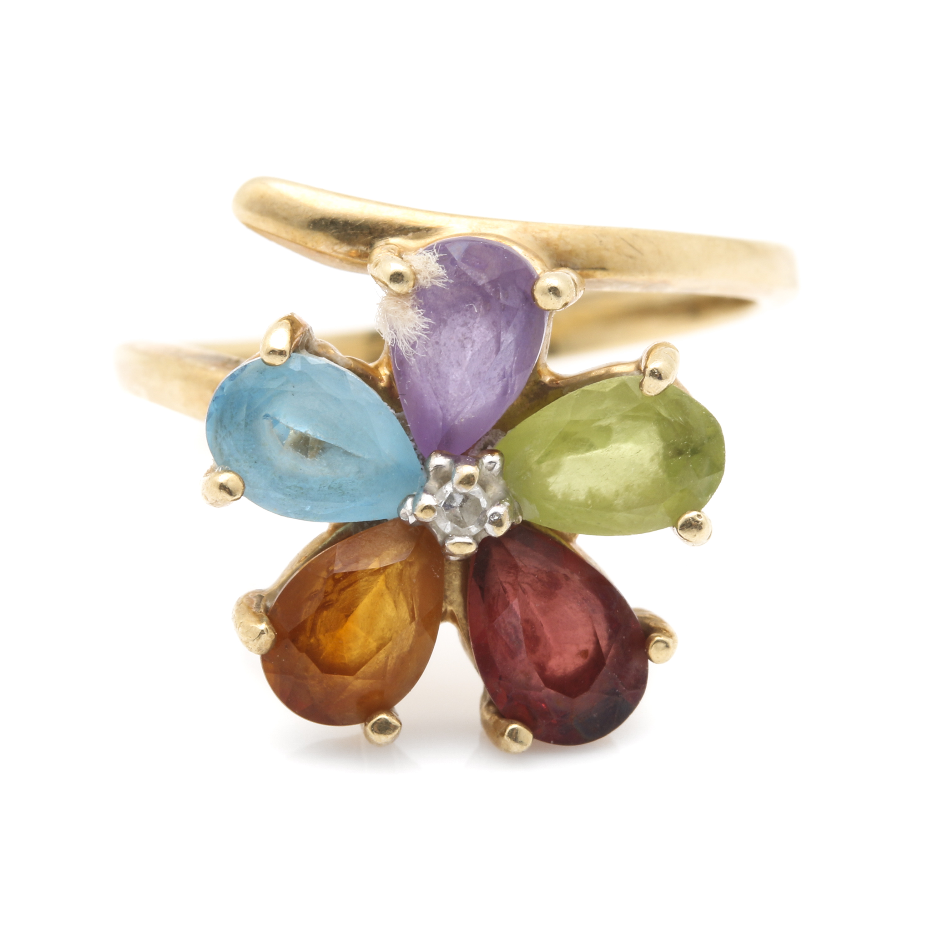 10K Yellow Gold Diamond and Gemstone Bypass Ring With White Gold Accent