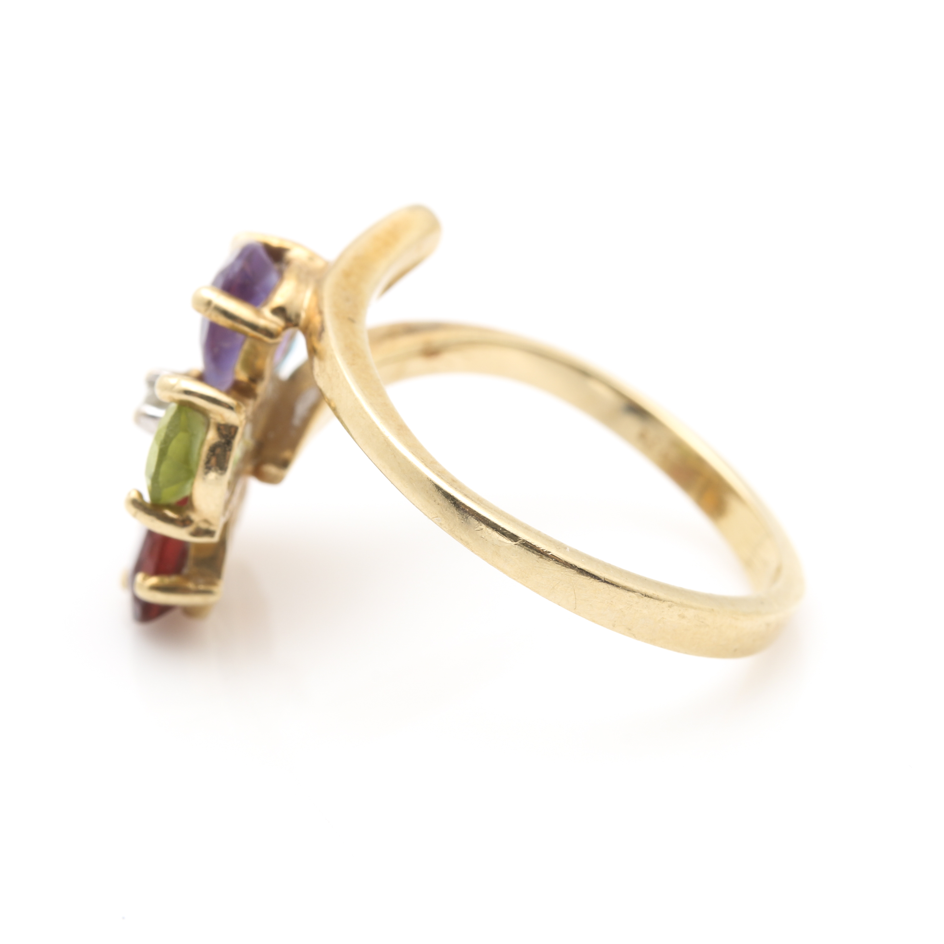 10K Yellow Gold Diamond and Gemstone Bypass Ring With White Gold Accent