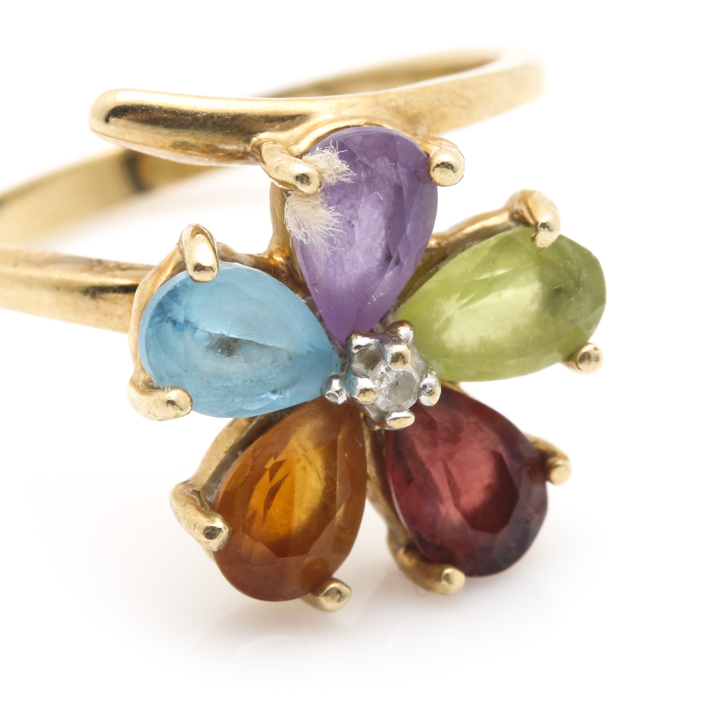 10K Yellow Gold Diamond and Gemstone Bypass Ring With White Gold Accent