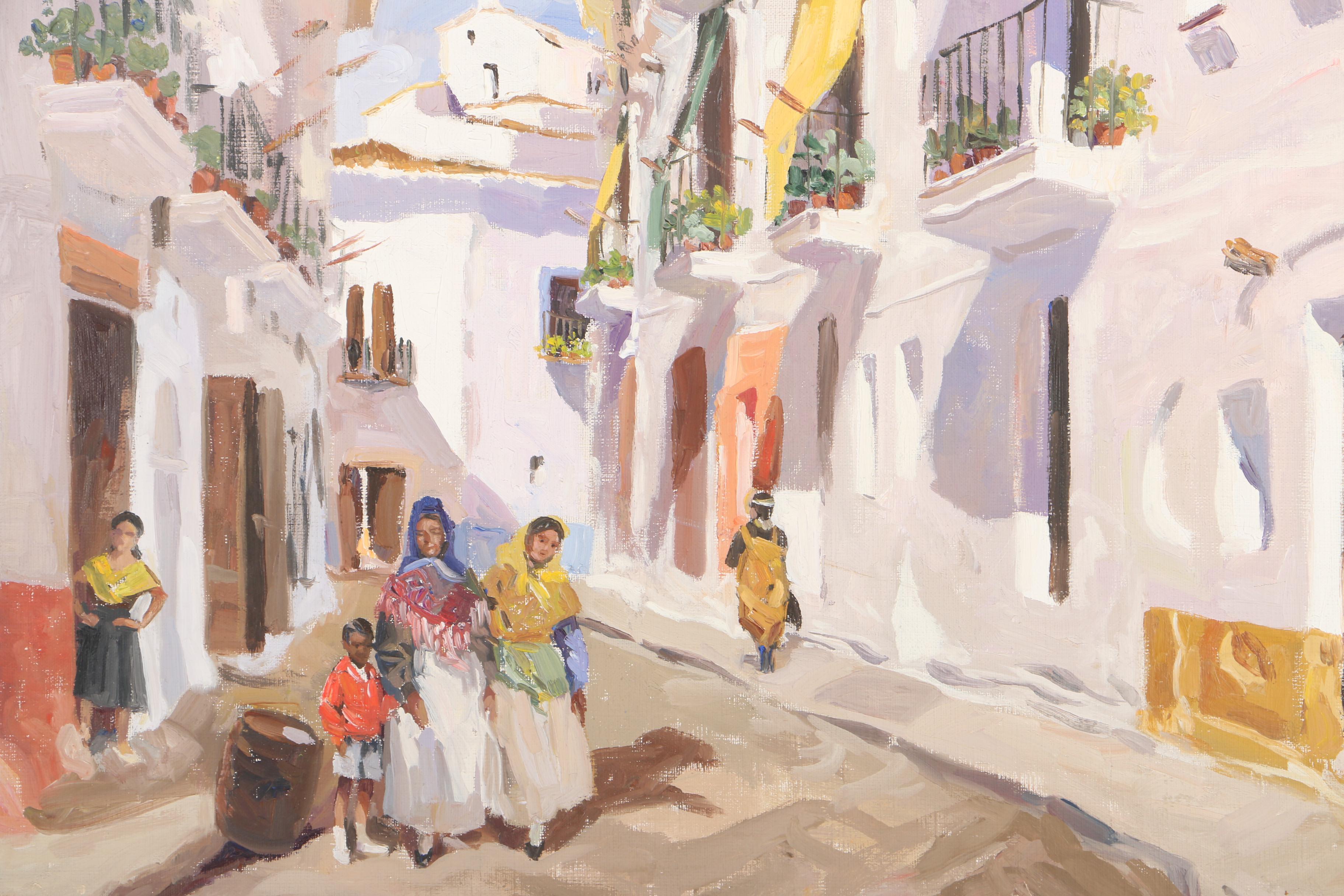 Isidro Antequera Circa 1960s Oil Painting on Canvas of Spanish Street Scene