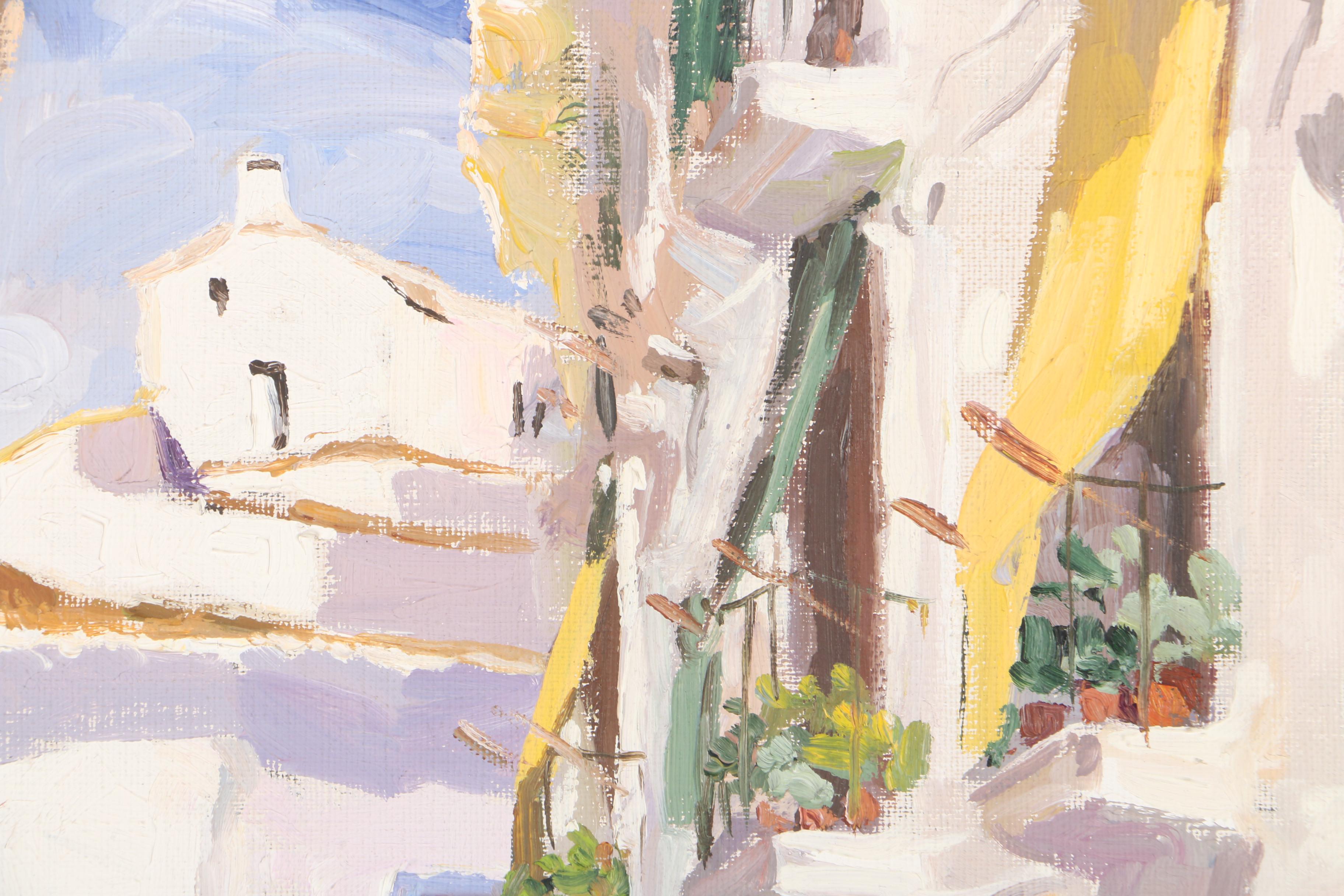 Isidro Antequera Circa 1960s Oil Painting on Canvas of Spanish Street Scene