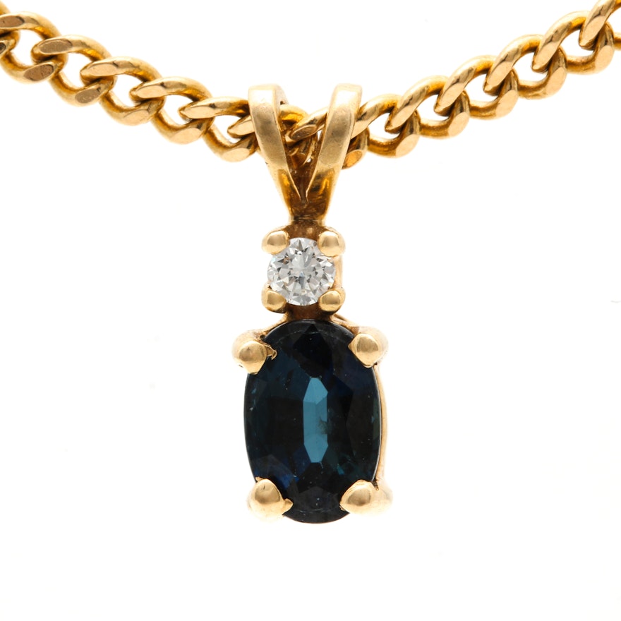 14K Yellow Gold Blue Sapphire and Diamond Pendant Necklace