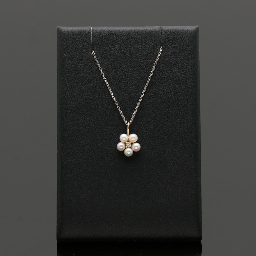 14K Yellow and White Gold Diamond and Cultured Pearl Necklace