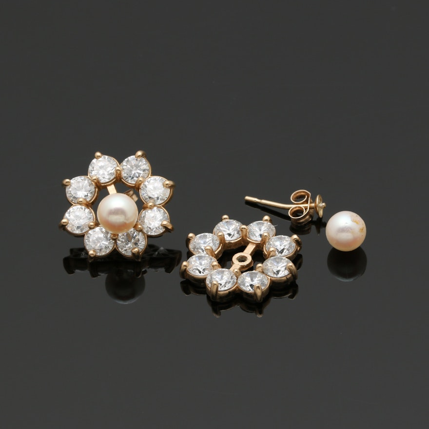 14K Yellow Gold Cultured Pearl Studs and Cubic Zirconia Earring Jackets