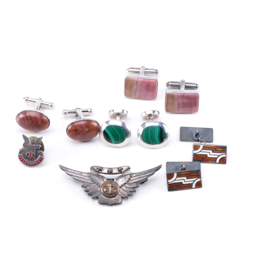 Sterling Silver Jewelry Selection Including Jasper Cuff Links