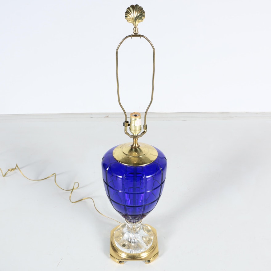 Vintage Cobalt Cut Glass Table Lamp