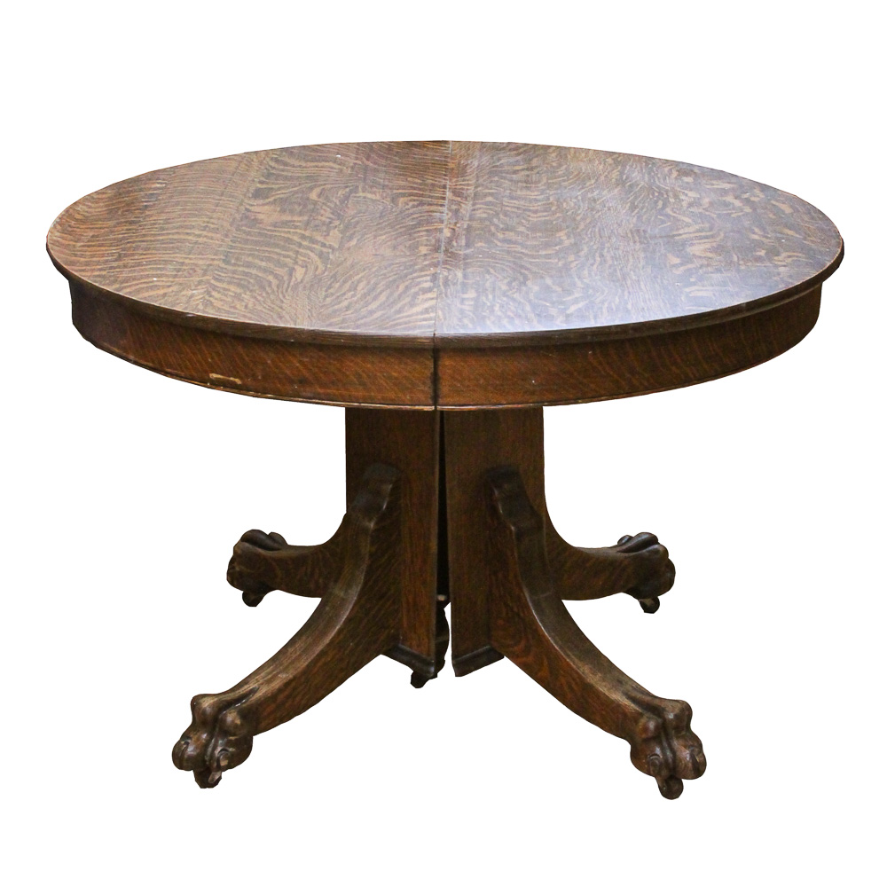 Vintage Tiger Oak Pedestal Dining Table with Leaf Inserts