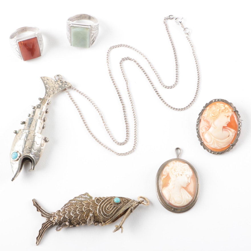 800 and Sterling Silver Jewelry with Vintage Fish Pendants and Cameos