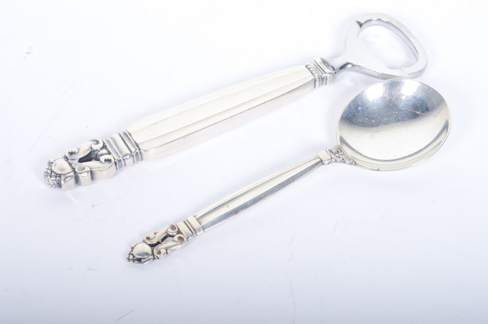 Georg Jensen "Acorn" Sterling Silver Bottle Opener and Soup Spoon