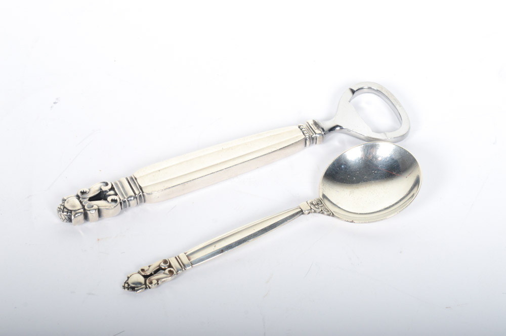Georg Jensen "Acorn" Sterling Silver Bottle Opener and Soup Spoon