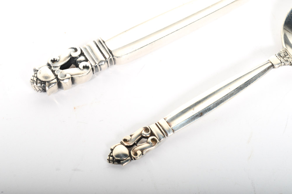 Georg Jensen "Acorn" Sterling Silver Bottle Opener and Soup Spoon