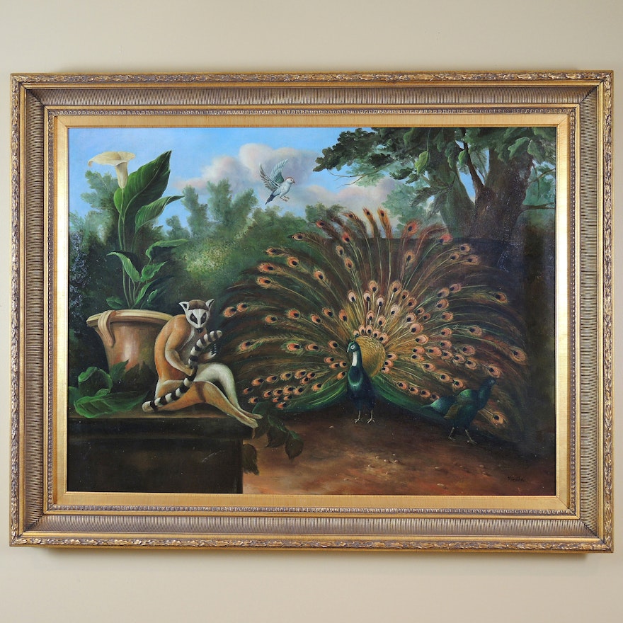 Oil Painting on Canvas of Peacock and Lemur