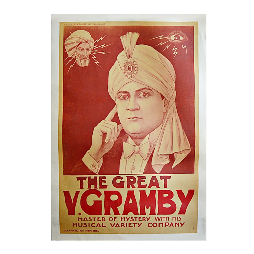 Early 20th-Century "The Great V. Gramby" French Magician Lithographic Poster