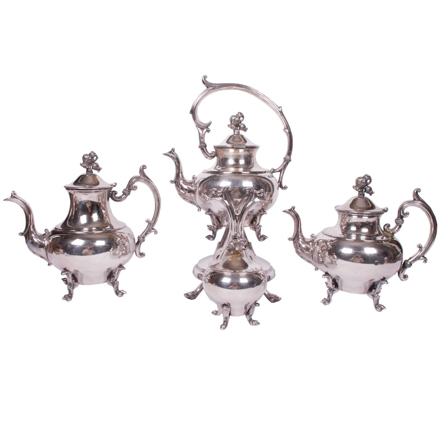Vintage Silver Plate Tea and Coffee Set with Kettle and Warming Stand