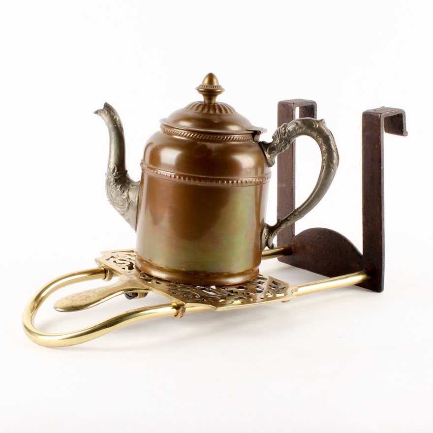 Antique Copper Teapot with Openwork Brass Trivet