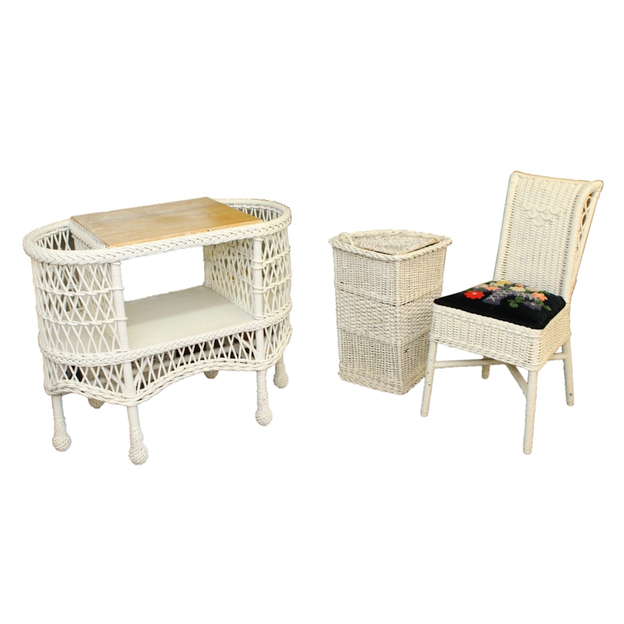 White Wicker Weave Side Table, Chair and Hamper
