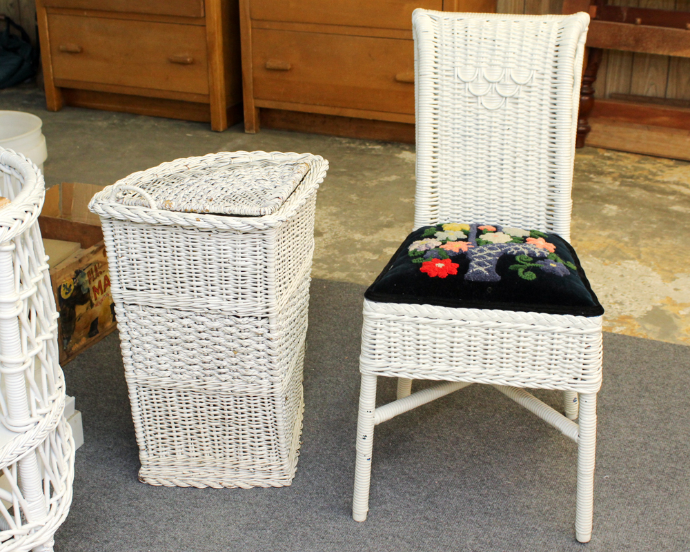 White Wicker Weave Side Table, Chair and Hamper