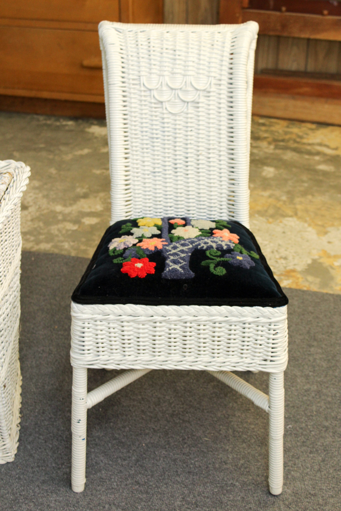 White Wicker Weave Side Table, Chair and Hamper