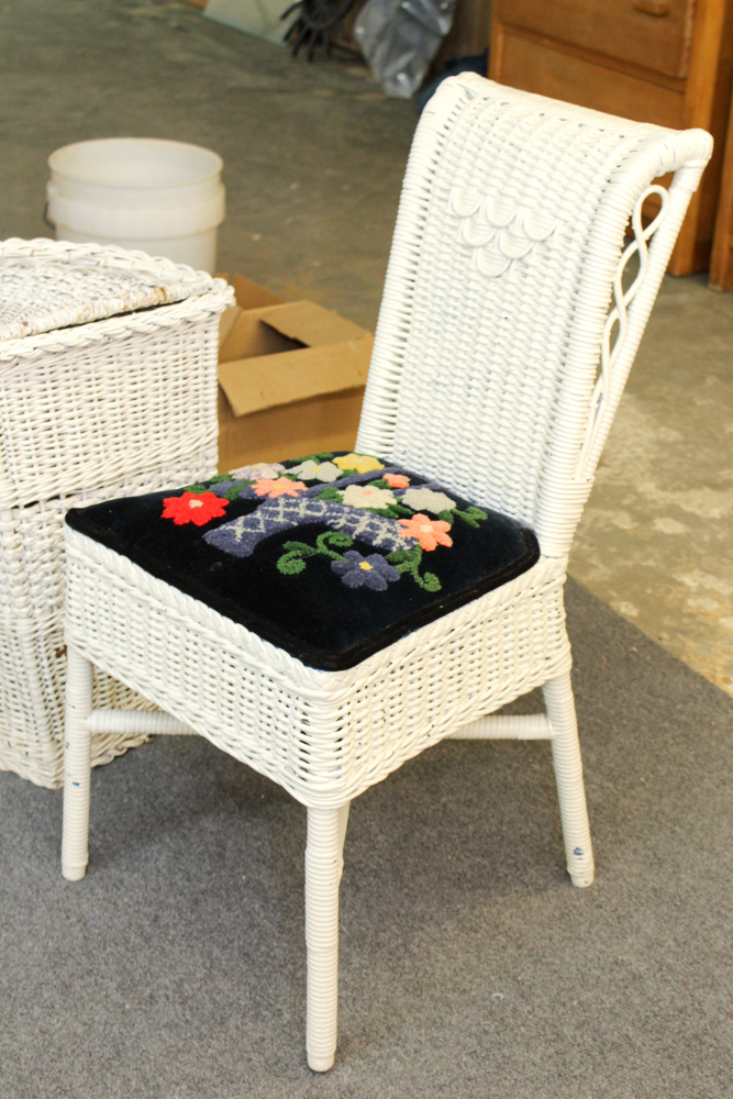 White Wicker Weave Side Table, Chair and Hamper