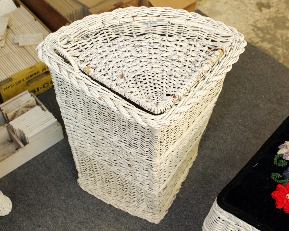 White Wicker Weave Side Table, Chair and Hamper