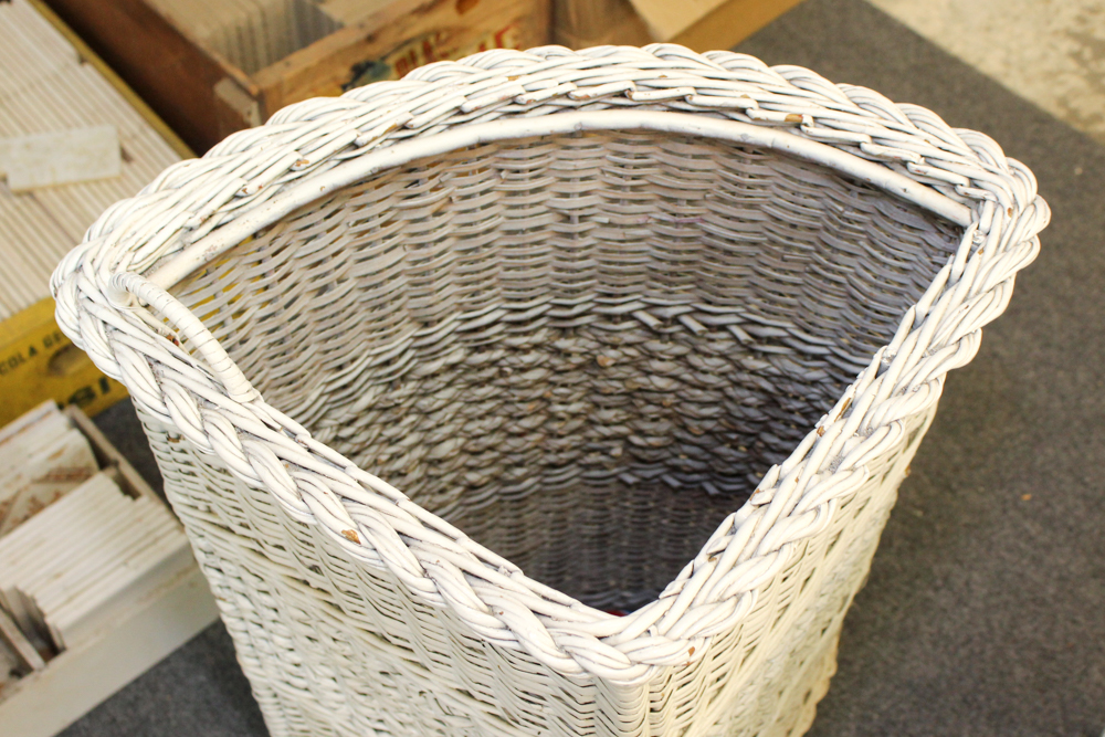 White Wicker Weave Side Table, Chair and Hamper