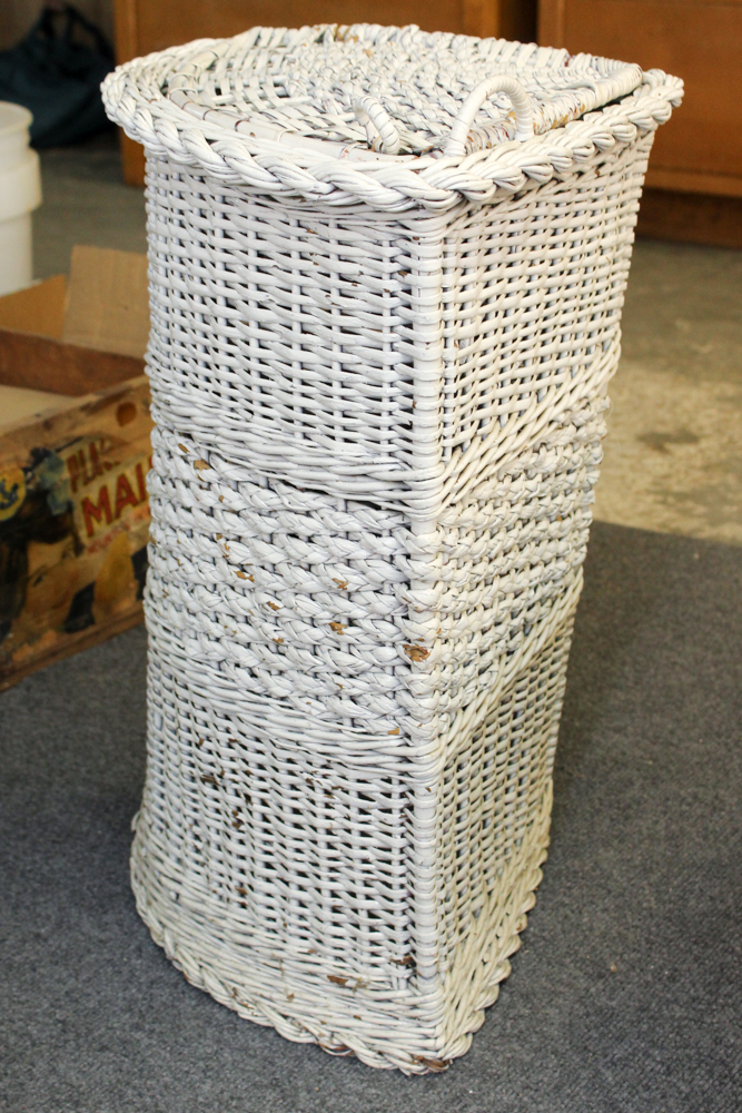 White Wicker Weave Side Table, Chair and Hamper