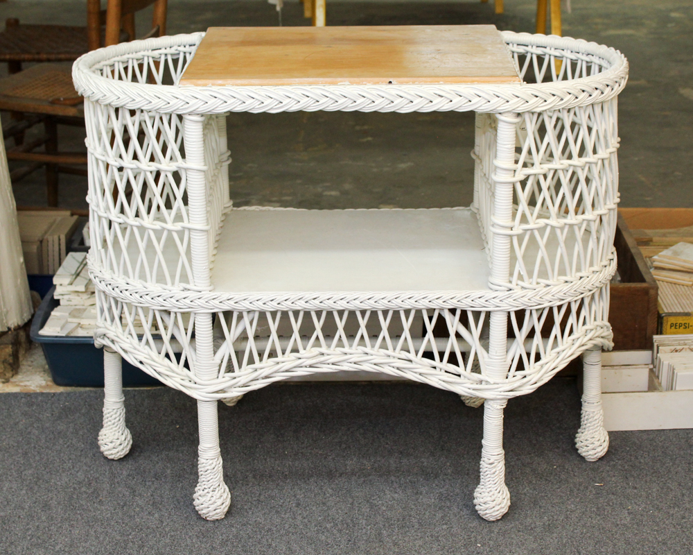 White Wicker Weave Side Table, Chair and Hamper