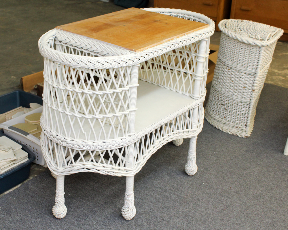 White Wicker Weave Side Table, Chair and Hamper