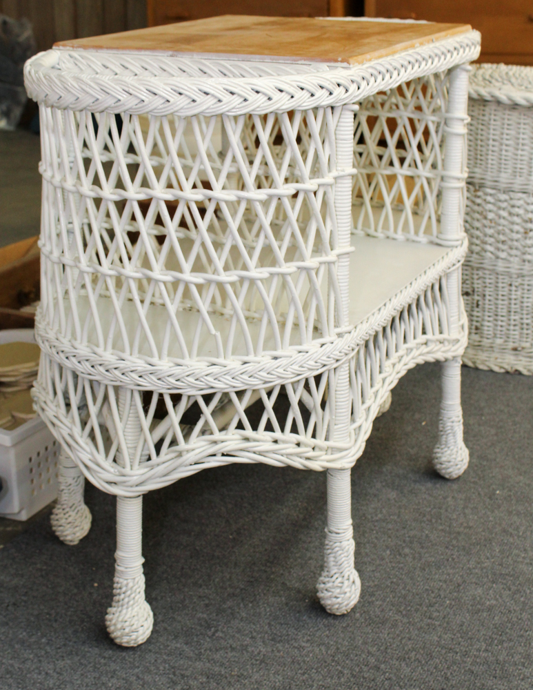 White Wicker Weave Side Table, Chair and Hamper