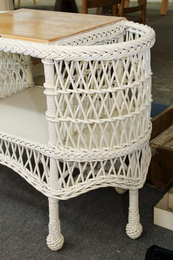 White Wicker Weave Side Table, Chair and Hamper