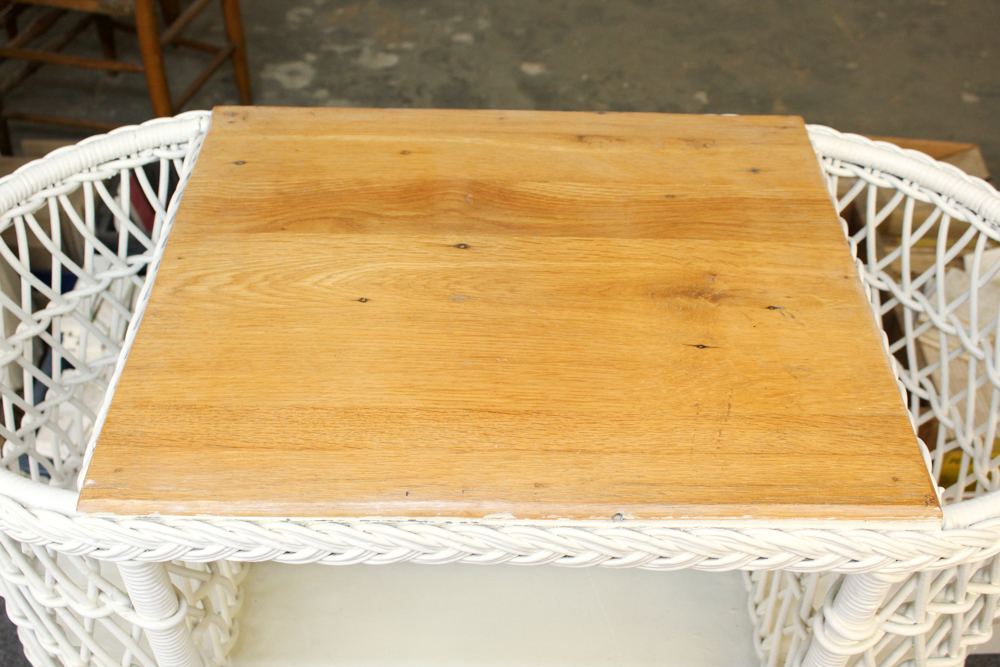 White Wicker Weave Side Table, Chair and Hamper