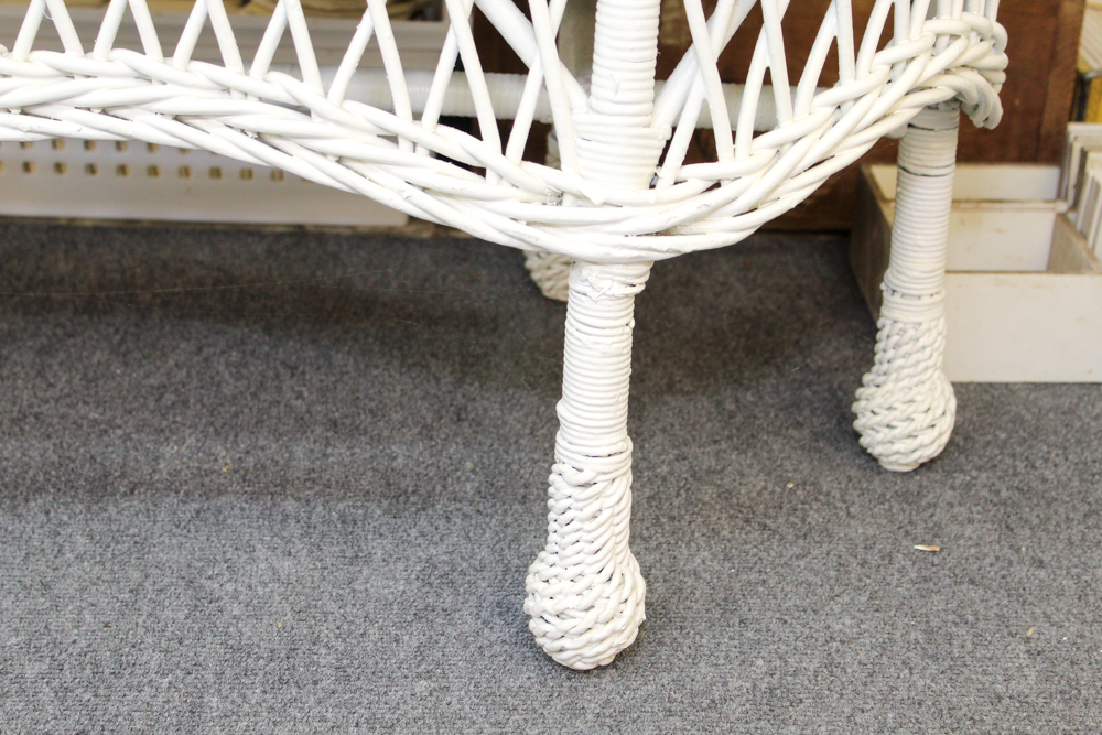 White Wicker Weave Side Table, Chair and Hamper
